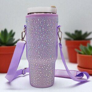Purple Rhinestone Crossbody Tumbler Holder with Strap
